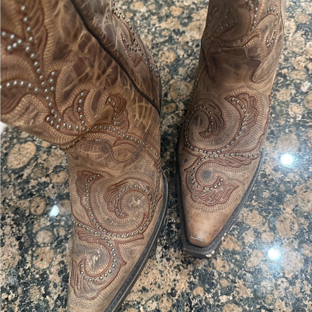 Embroidered Brown Heeled Boots